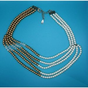 Vintage Crystal & Glass Beaded Collar Necklace Layered Multi Strand Silver Tone‎